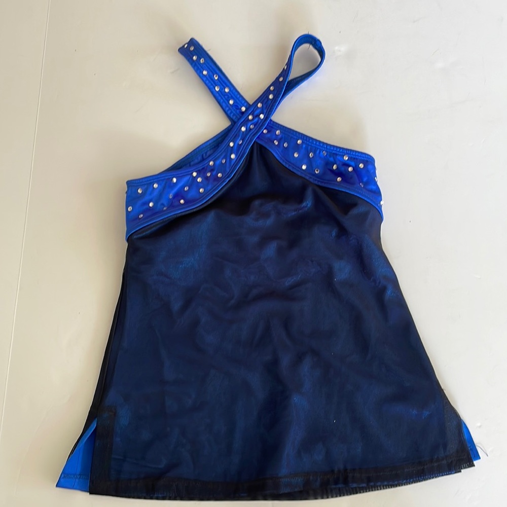 The Line zip dance top blue black mesh overlay Swarovski rhinestones size M